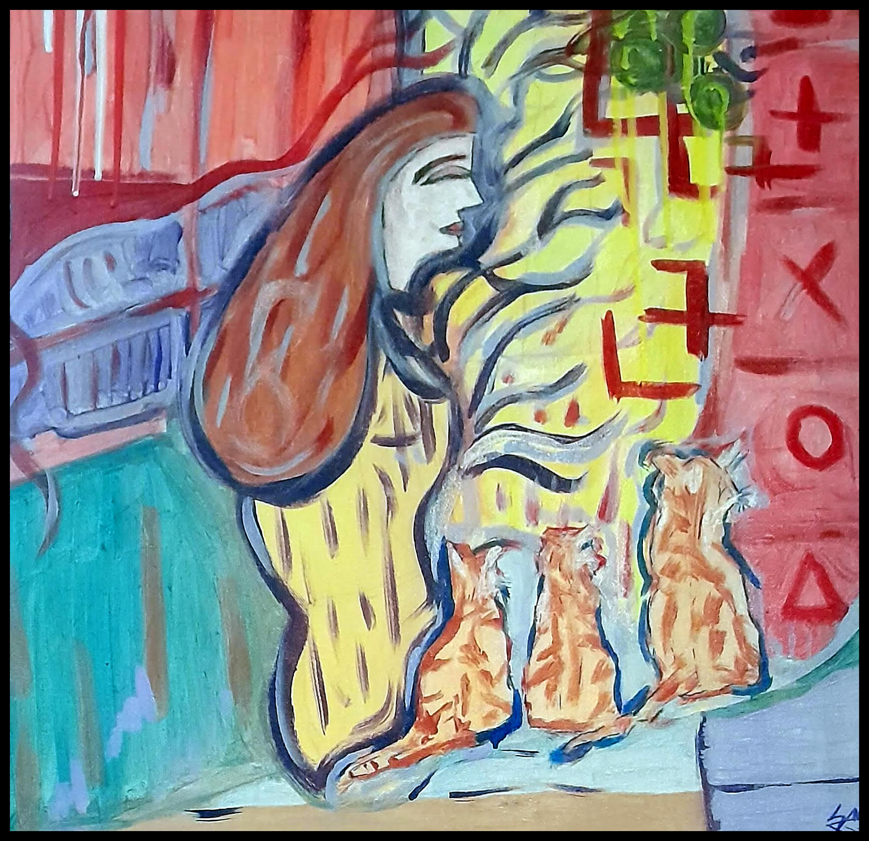 Abstract Woman with Three Kittens – Hand-Painted Acrylic on Canvas