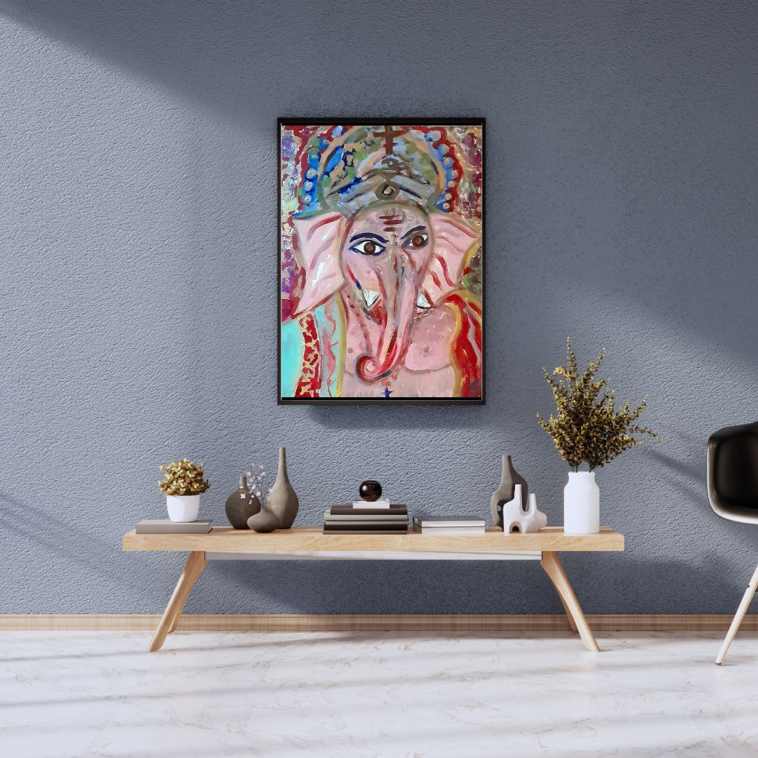 The Divine Gaze – Vibrant Lord Ganesha Abstract Painting mockup