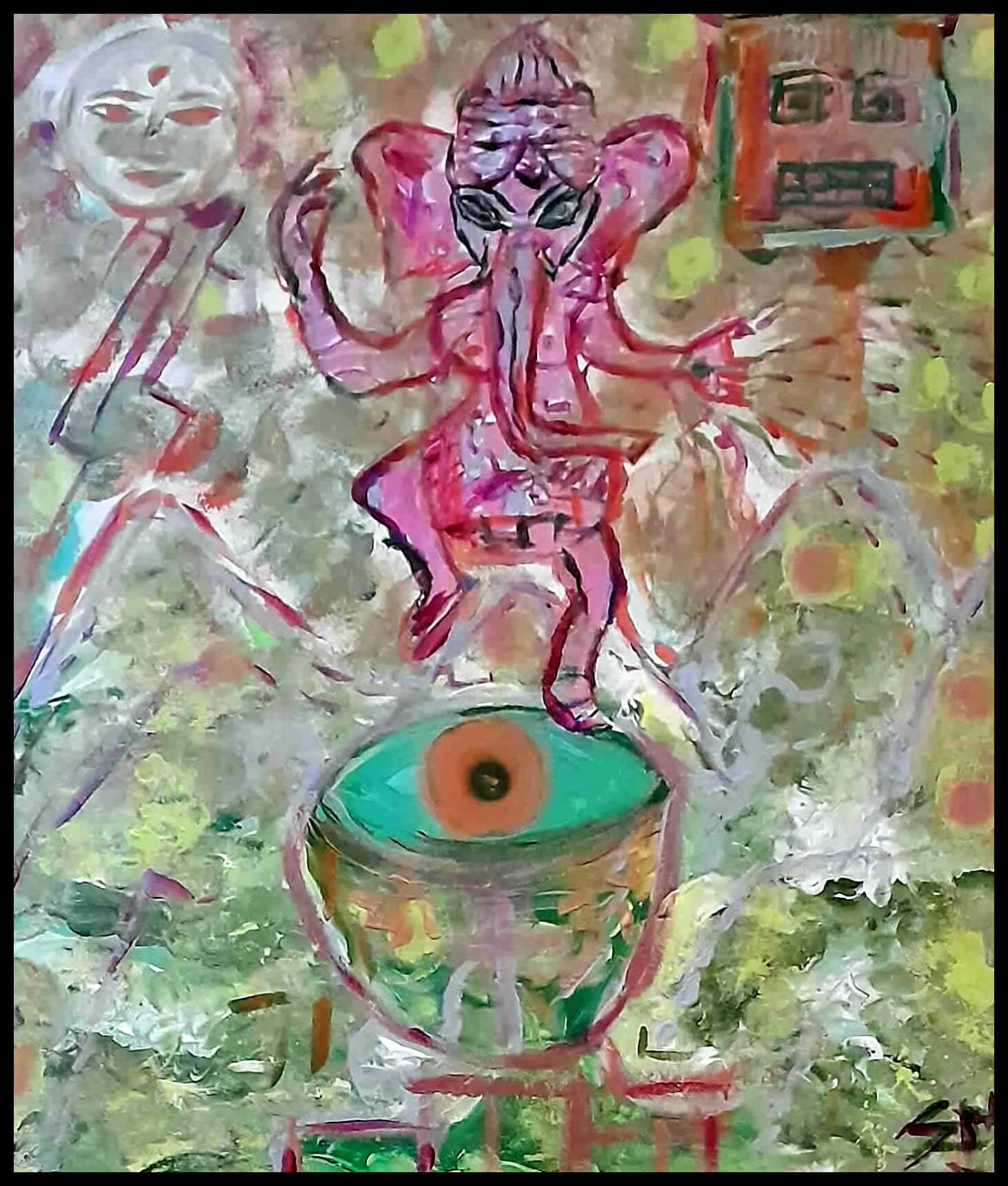 Abstract Dancing Ganesha – Hand-Painted Acrylic on Canvas